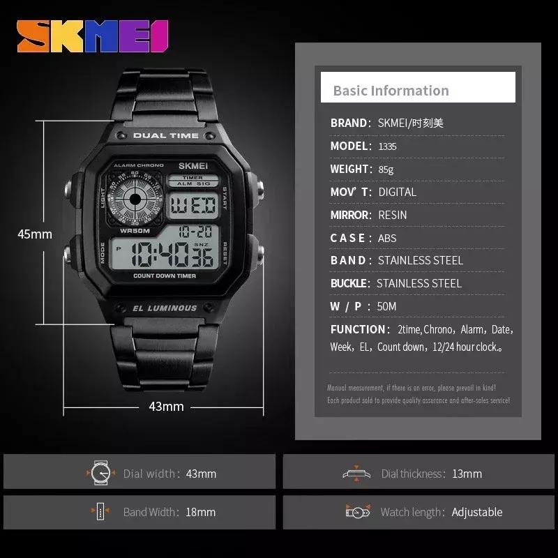 SKMEI 1335 Stainless Steel Strap Digital Watch reloj hombre Sport Watch Men 5Bar Waterproof Watches