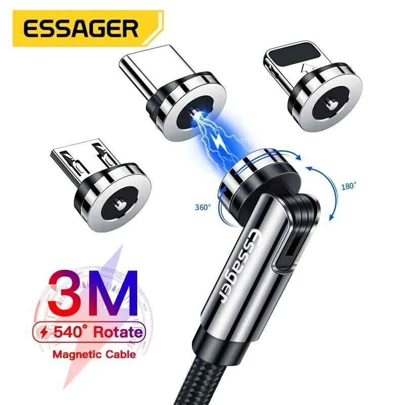Essager-540 girar o cabo magnético, carregamento rápido, ímã carregador, micro USB, tipo C, telefone móvel, cabo de fio para iphone, xiaomi