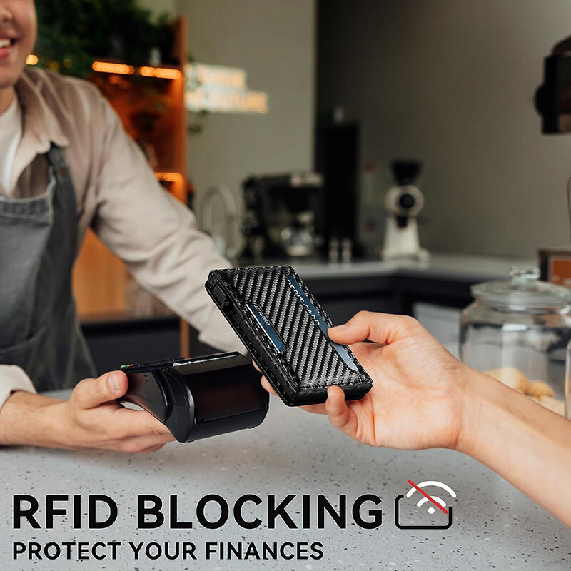 Męski-szczupły minimalistyczny inteligentny portfel RFID blokujący wyskakujący portfel etui na karty kredytowe Bifold portfel z włókna węglowego