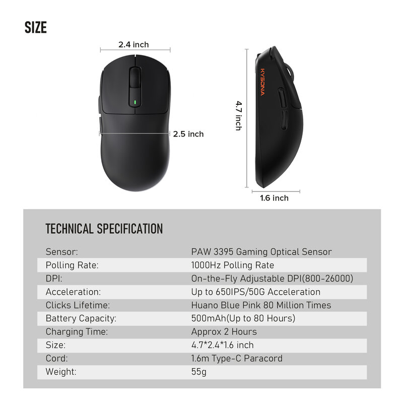 Kysona M600 czarna PAW3395 bezprzewodowa gra Esports mysz 55g 26000DPI 6 przycisków optyczny PAM3395 myszy komputerowe do laptopa