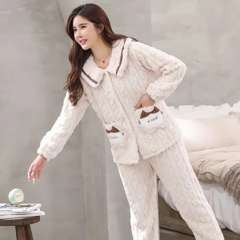2023 New Women Autumn Winter Ruffle Nightwear Coral Filled Flannel Household Suit Flannel Thickened Fleeced  Nightwear