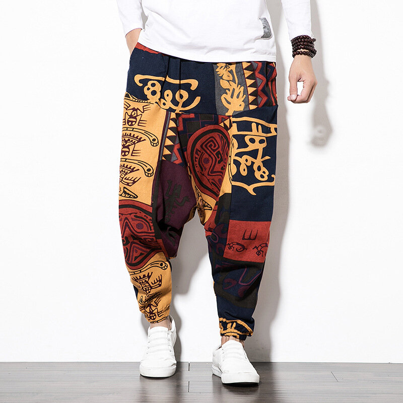 Calça casual estampada estilo chinês masculino, pernil solto masculino, leggings e suspensor de hip-hop da moda, primavera e verão