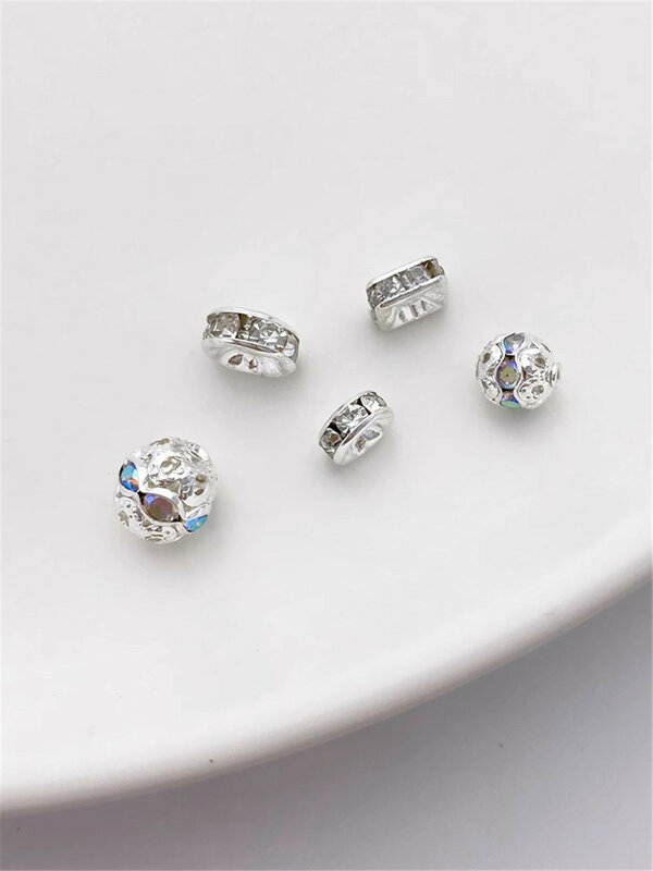 Berlian Perak bertatahkan bola bunga berongga persegi terpisah manik-manik bulat DIY membuat gelang kalung Aksesori bahan