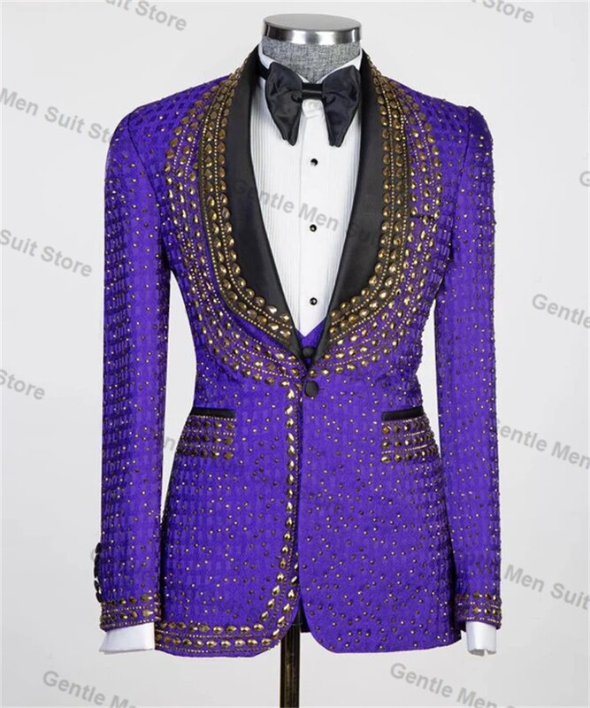 Żakardowy fioletowy zestaw garnitury męskie 2-częściowy blezer + bal pan młody kryształ smoking ślubny płaszcz w niestandardowym rozmiarze formalny strój kurtka biurowa