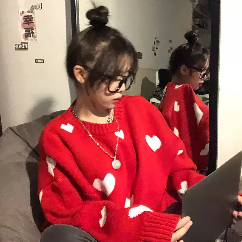 Женский трикотажный свитер с длинным рукавом, красный свитер с сердечками в Корейском стиле, повседневный пуловер в готическом стиле, Осень-зима 2022