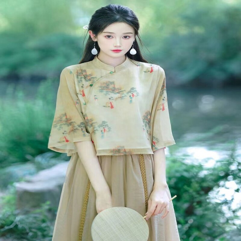 Новинка, литературный костюм в китайском ретро-стиле с юбкой-миди, костюм из двух предметов в улучшенном китайском стиле, дзен, чайный костюм, женский повседневный костюм