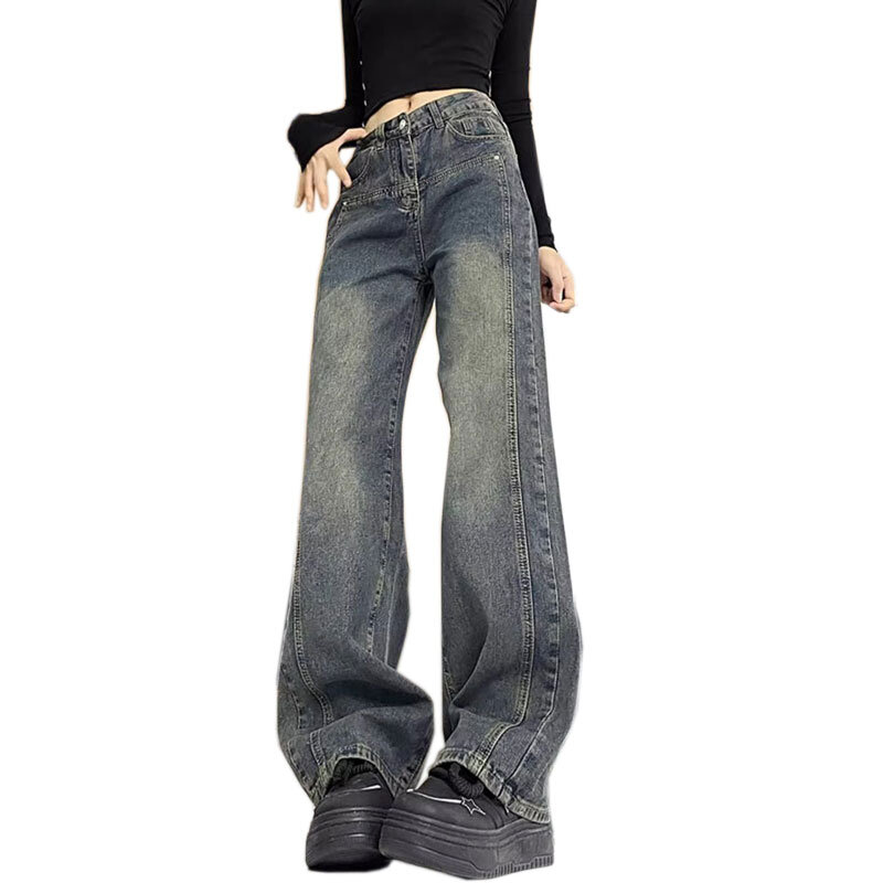 Jeans a gamba larga grigio cemento donna pantaloni lunghi strappati a forma di pera a vita alta con giunture dritte a vita alta