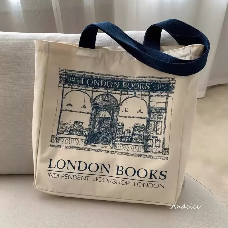 BBA170  Women Canvas Shoulder Bag London Books Print Ladies Casual Handbag Tote Bag Reusable Large Capacity Cotton
