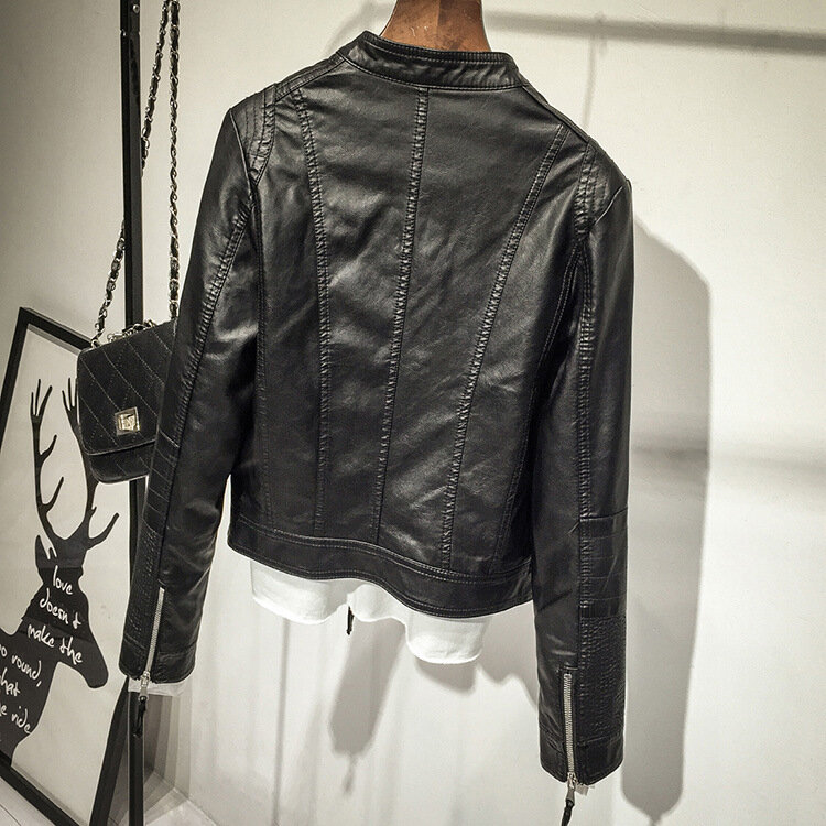 Plus Size Female Leather Jacket Spring Autumn Zipper Long Sleeve Pocket Ladies Coat Fashion Bomber Biker Motorcycle Jacket Women