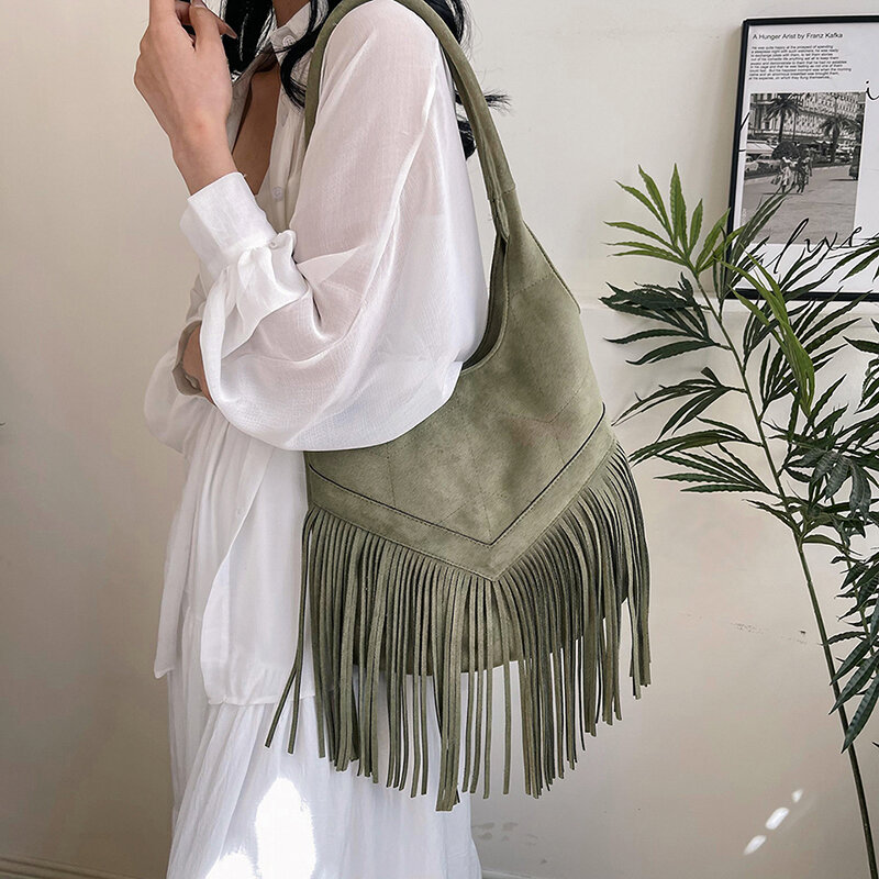 Małe torby na ramię z zamszowej tkaniny frędzle dla kobiet 2024 kobiecy Trend moda torba pod pachami damska słodka torebki i portmonetki