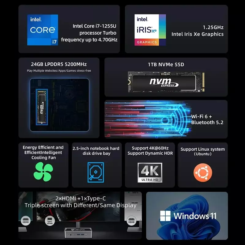 BMAX-Mini PC B8PRO, Intel Core I7-1255U, 10 Cores, Windows 11, 24GB de RAM, 1TB, SSD NVME, HDMI, USB, Bluetooth, WiFi 6 Computador, Tipo-C