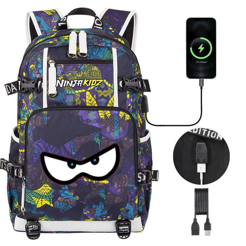 Anime Cartoon NinjaKidz School Bag bambino studente zaino a tracolla per ragazzo ragazza adolescente USB Laptop zaino Mochila borsa da viaggio