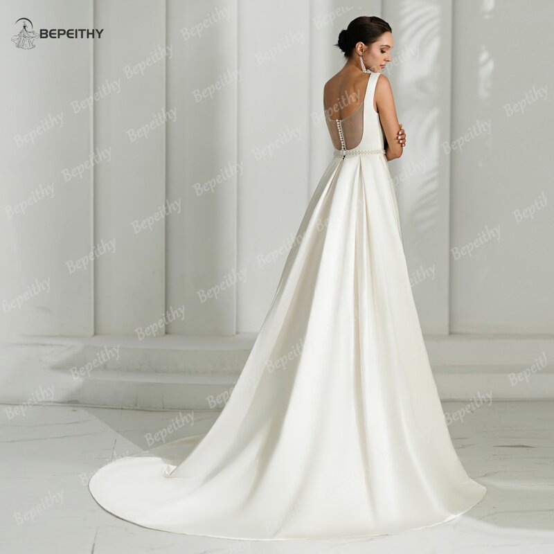 Brepeithy 2024 gaun pernikahan A Line persegi gaun pengantin gading Vintage punggung terbuka gaun pengantin tanpa lengan gaun pengantin wanita