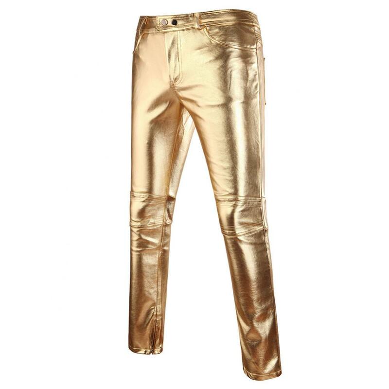 Pants Casual Men Button Trousers Trouser Solid Color Faux Leather Skinny Motorcycle Club Trousers