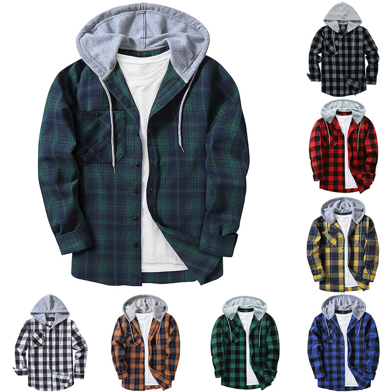 Manga comprida xadrez masculina com capuz, botões patchwork, camisas de bolso, casaco, tops masculinos casuais, cardigã, moda