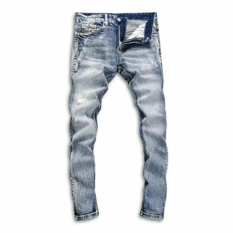 Calça Jeans rasgada de stretch slim fit masculina, calça jeans vintage, remendada, retrô, azul, moda de rua, alta qualidade