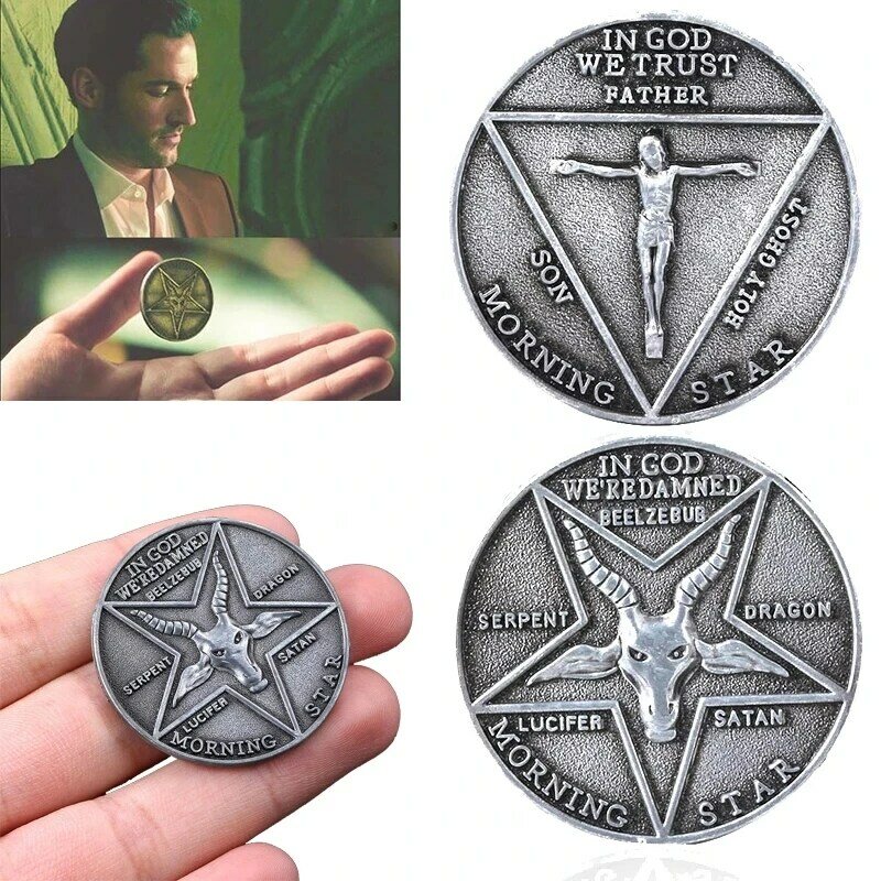 P-Jsmen TV Show Lucifer Morningstar Satanic Pentecost Cosplay Coin Commemorative Metal Coin Badge Halloween Accessories Prop