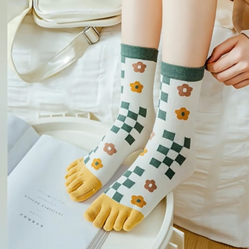 Cinco dedos mulheres meias animais impressão dos desenhos animados japonês kawaii bonito meias casuais xadrez harajuku floral retro vintage meias