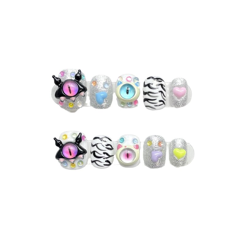 Cute Handmade Nails Press on Full Cover Manicuree Little Monster False Nails Wearable Artificial With Tool Kit