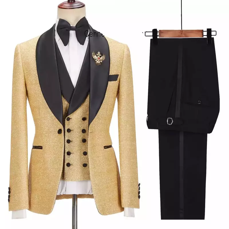 Conjunto de trajes de 3 piezas con purpurina para hombre, Blazer + chaleco + Pantalones, esmoquin de boda para novio de pasarela de lujo, abrigo de botonadura única, chaqueta hecha a medida