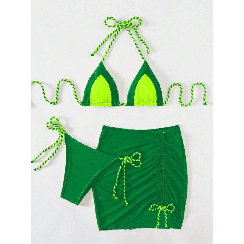 Conjunto de biquíni de duas peças sexy, terno de duas peças, multi-color trançado tiras, hip-envolto saia protetor solar, beachwear