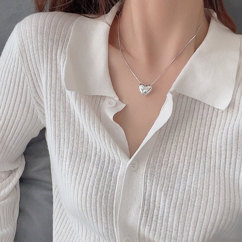 100% Satu Warna 925 Perak Murni Kalung Choker Hati untuk Wanita Pria Smiple Geometris Perhiasan Bagus Hadiah Pesta Pernikahan Ulang Tahun