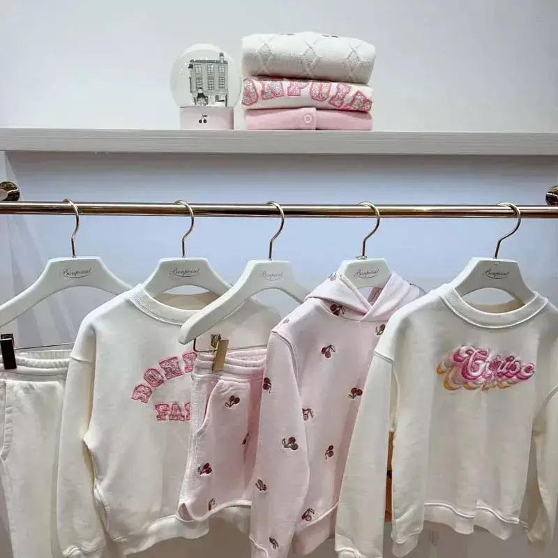BP-Conjunto de ropa con capucha para niñas, Conjunto de sudadera y pantalones cortos con bordado de cereza rosa, verano 2024, preventa, envío a mediados de abril