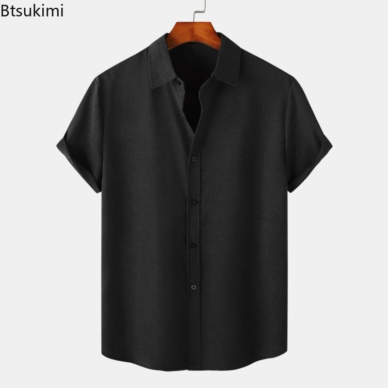 2024 Summer Men's Solid Simple Short Sleeve Shirts Fashion Casual Comfort Cotton Linen Shirt Men Loose Slim T-shirt Beach Blouse