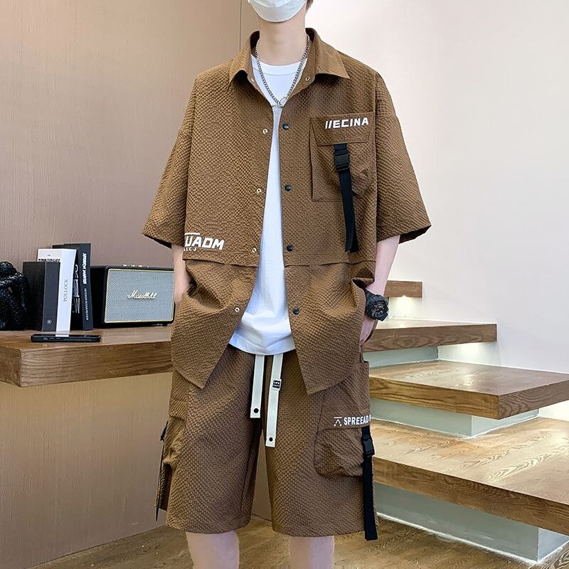 Conjunto de camisa e shorts de manga cinco quartos masculino, fragrância pequena, manga curta, estilo Hong Kong, casual, solto, na moda, bonito, verão