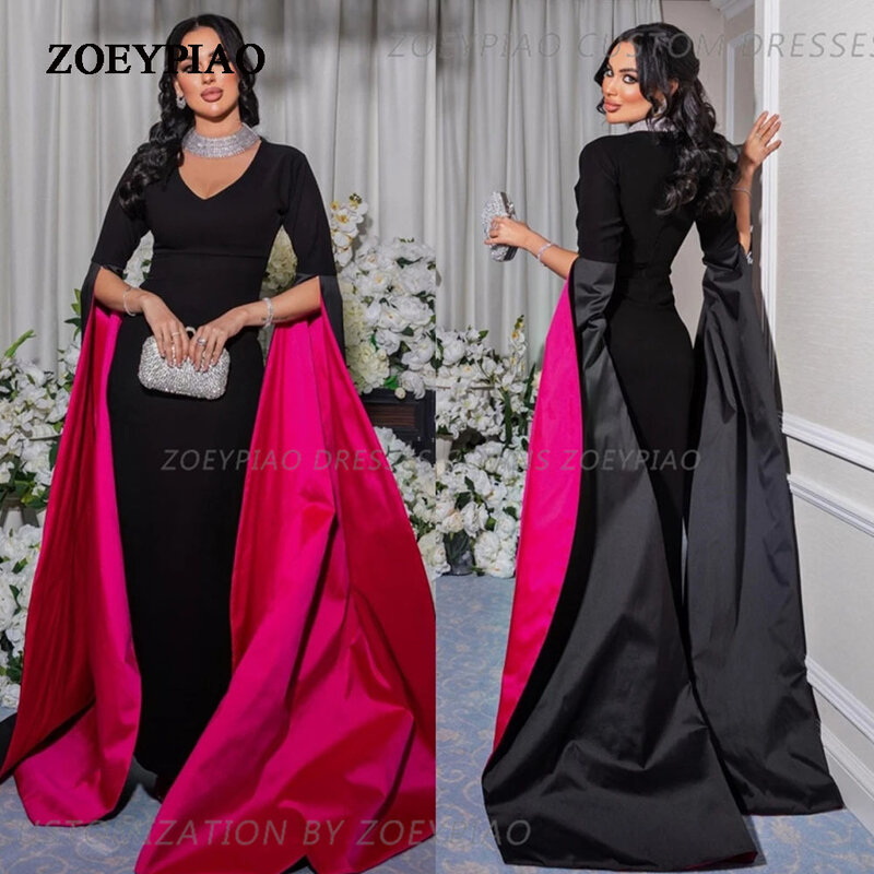 Vestido largo de noche de Arabia Saudita, traje largo hasta el suelo, plisado, con cuello en V, color negro y fucsia, elegante, para fiesta y ocasión Formal