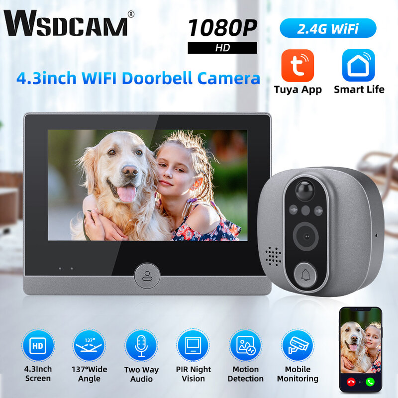 WSDCAM WIFI kamera lubang intip pintu 4.3 inci LCD Video bel pintu 137 ° sudut lebar Tuya bel pintu pintar penglihatan malam interkom Video