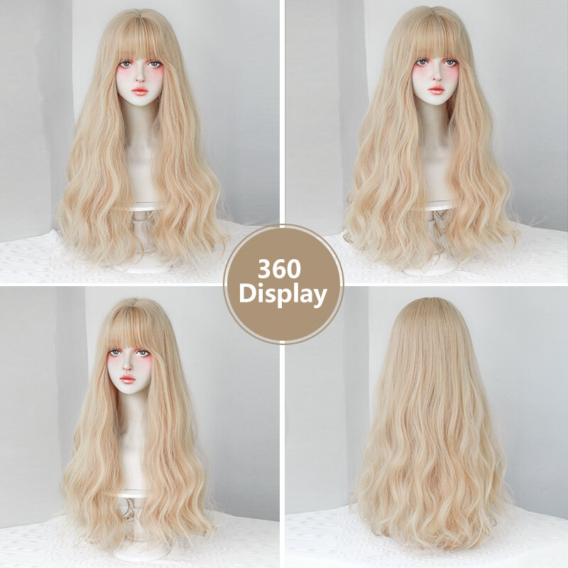 7JHH WIGS High Density Long Wave Blonde Wigs with Neat Bangs Heat Resistant Synthetic Wavy Hair Wig for Women Cospaly Lolita Wig