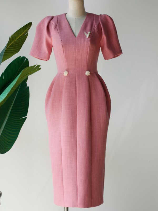 Decote em v inchado ombro fino ajuste tweed rosa vestido outono chá comprimento vestido
