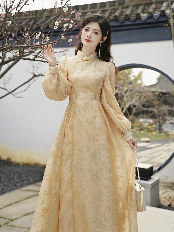 Vestido de manga larga con hebilla coreana para mujer, ropa Retro de verano, adelgazante, longitud media, Bodycon