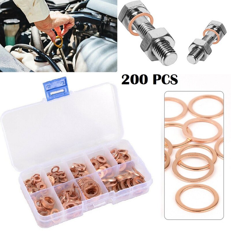 200Pcs Assorted Crush Copper Gasket Seal Ring Hardware Set Car Engine Flat Ring Kit with Box M5/M6/M8/M10/M12/M14 for Sump Plugs