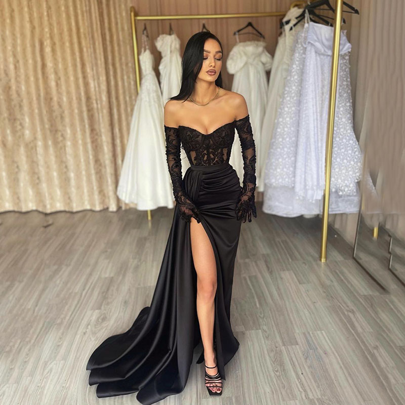 Black Mermaid Lace Evening Dresses Off Shoulder Long Sleeves Formal Party Dress Pleated High Split Women Special Prom Gowns