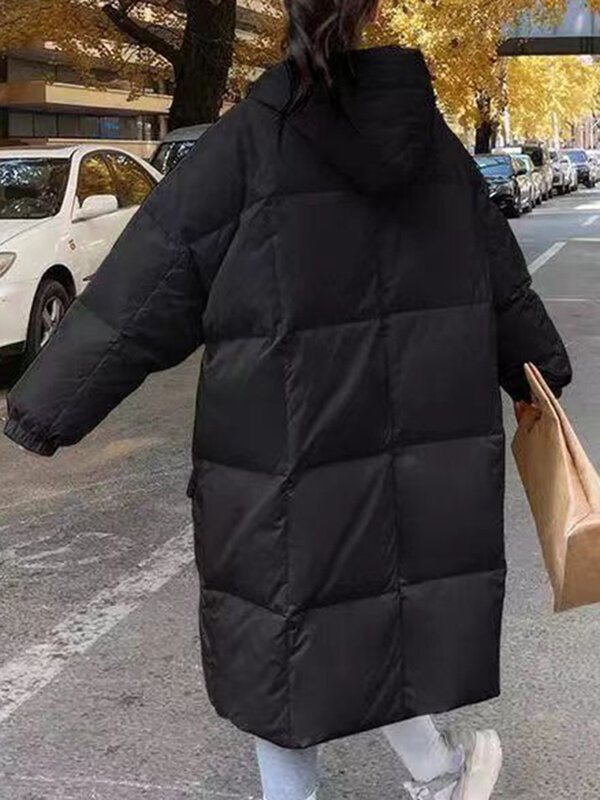 Женский длинный пуховик с капюшоном, Тонкая Повседневная куртка-пуховик с капюшоном, свободная теплая куртка на молнии, зима 2023