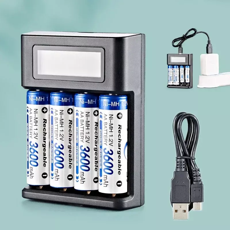 4スロットのUSB充電器,単4電池付きLCDディスプレイ,リチウム電池用,NI-CD V,電池充電インジケーター