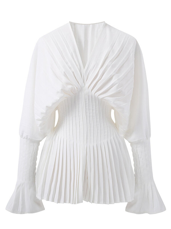 DEAT-Blusa ajustada con manga abullonada para mujer, camisa con cuello en V, pliegues, cintura, Color sólido, novedad de verano, 2024, 17A7295