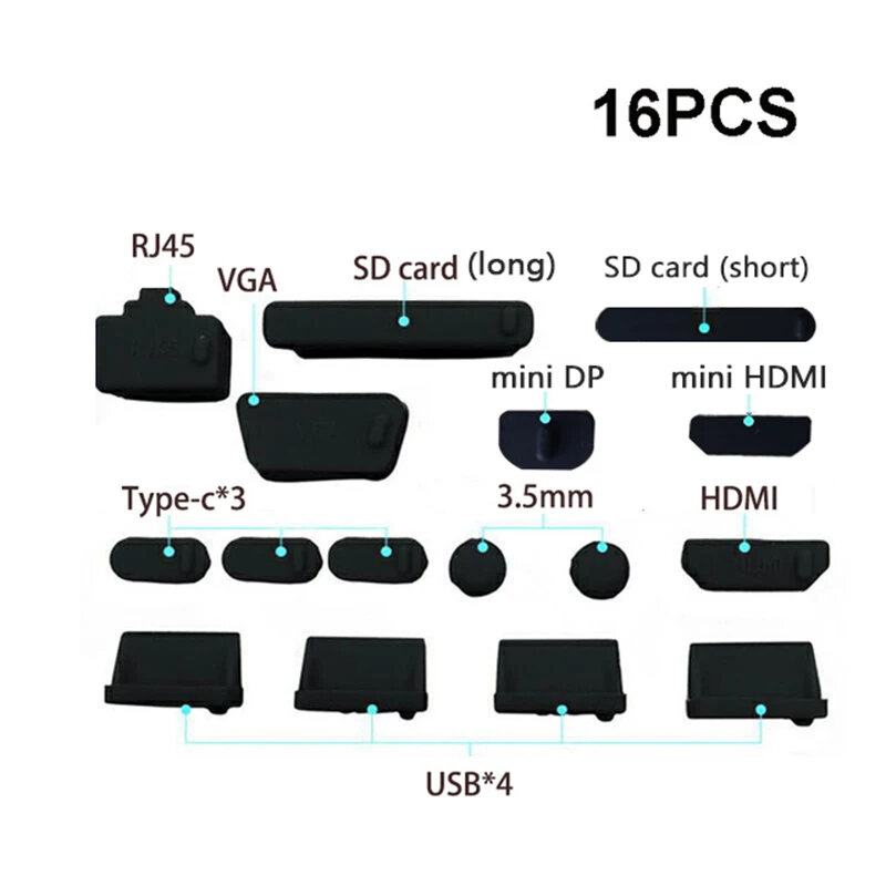 Bouchon universel anti-poussière pour ordinateur portable, 16 pièces, protecteur élastique en silicone pour port USB