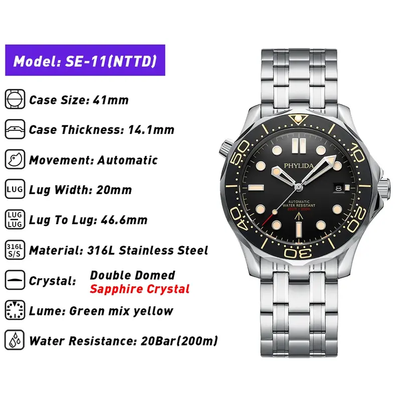 PHYLIDA Black Dial PT5000 MIYOTA Automatic Watch DIVER 200M 007 NTTD Style Sapphire Crystal Solid Bracelet Waterproof 20Bar