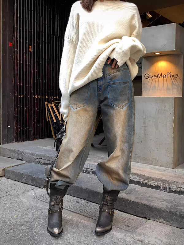 Reddaschic-pantalones vaqueros holgados de Skater Retro de los 90 para hombre, ropa de calle Harajuku de pierna ancha recta, desgastada, lavado sucio, talla grande