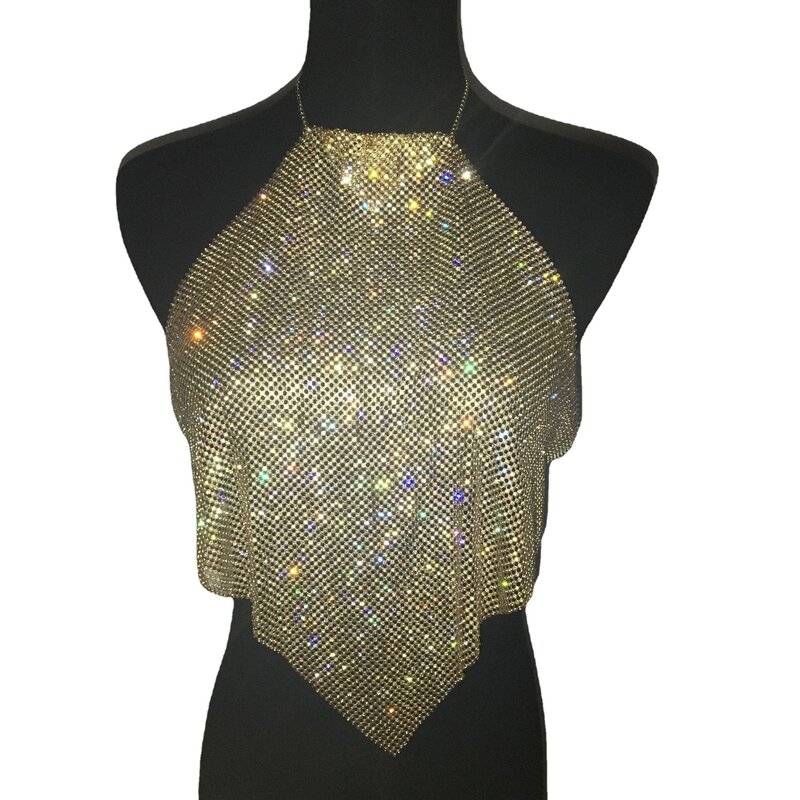Rhinestone Metal Cadeia Pendurado Pescoço Strap Vest para as Mulheres, Sexy Full Diamond Top