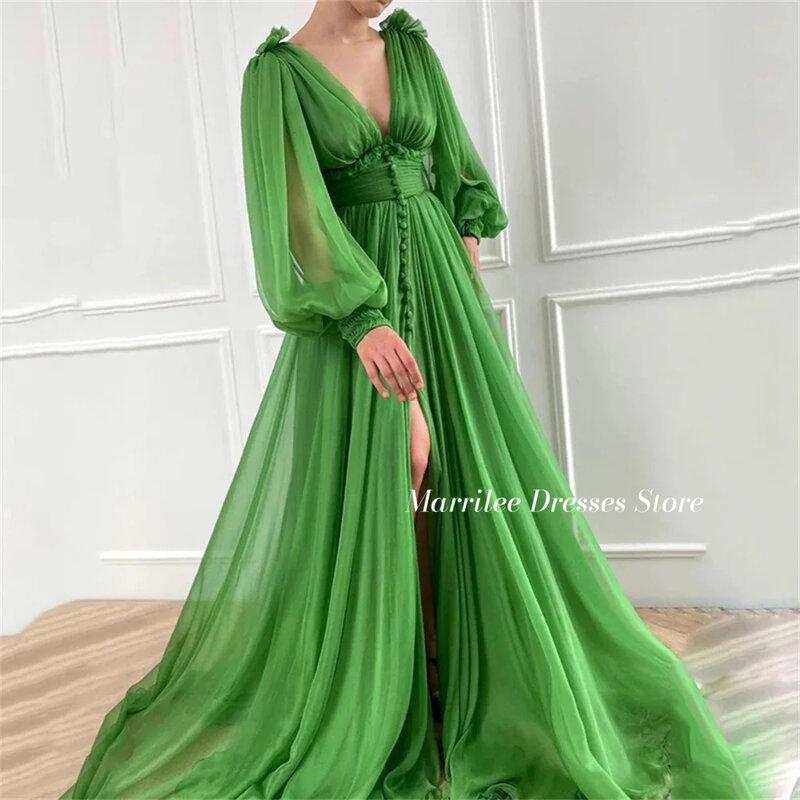 マリリー-ボタン付きプリーツシフォンイブニングドレス、セクシーなディープVネック、サイドスプリット、Aライン、床の長さ、プリーツプロムガウン、緑、ふくらんでいる袖