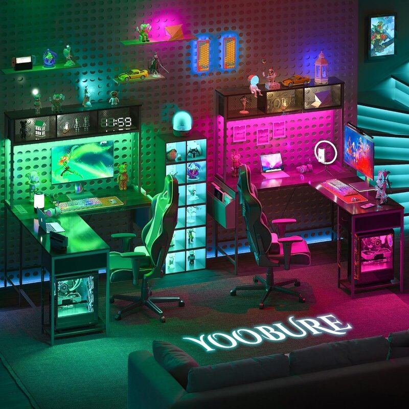 Biurko Yoobure w kształcie litery L, biurko do gier z taśmą LED i gniazdem zasilania, dwustronne biurko komputerowe w kształcie litery L z półką do przechowywania i szufladą