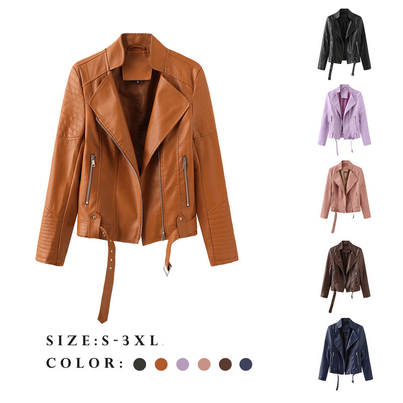 Jaket kulit trendi jalanan 2024 dengan sabuk, jaket wanita tipis musim semi dan musim gugur lengan panjang, jaket PU kerah V