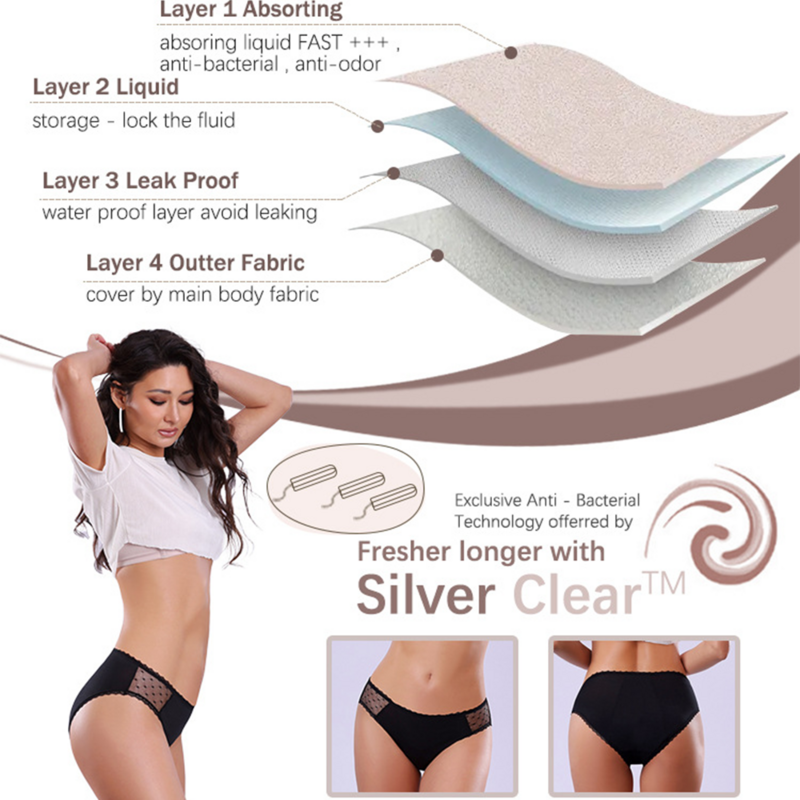 Calcinha menstrual para mulheres, prova de vazamento, calça fisiológica, fluxo abundante, lavável, 4 camadas