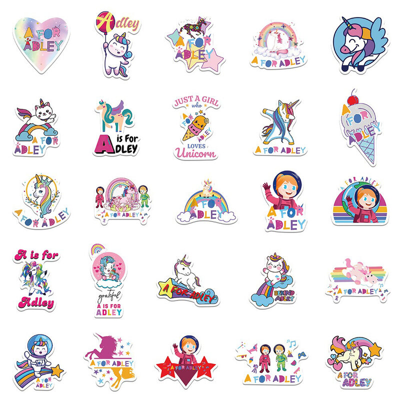 10/30/50 Buah Permainan Kartun Unicorn A untuk Adley Stiker DIY Ponsel Laptop Bagasi Skateboard Grafiti Decal Menyenangkan untuk Mainan Anak-anak