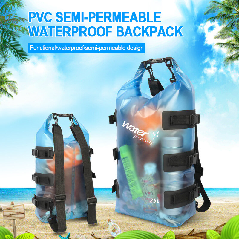 PVC 수영 가방 반투명 슬림 방수 백팩, 카누 카약 래프팅 수영 여행 키트 자루 백팩, 25L