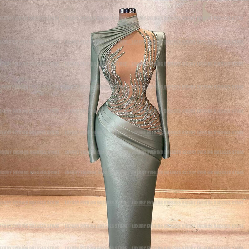 Роскошные вечерние платья-русалки для женщин, атласные блестящие платья с высоким воротником и длинным рукавом для официальной вечеринки и выпускного вечера, 2024